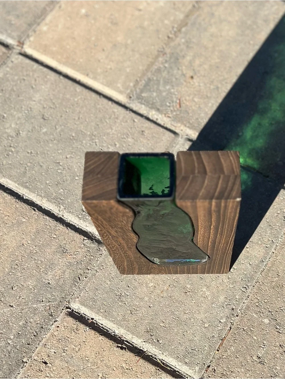 Modern Wooden Bud Vase with Emerald Green Glass Insert | Mid-Century Style Wood